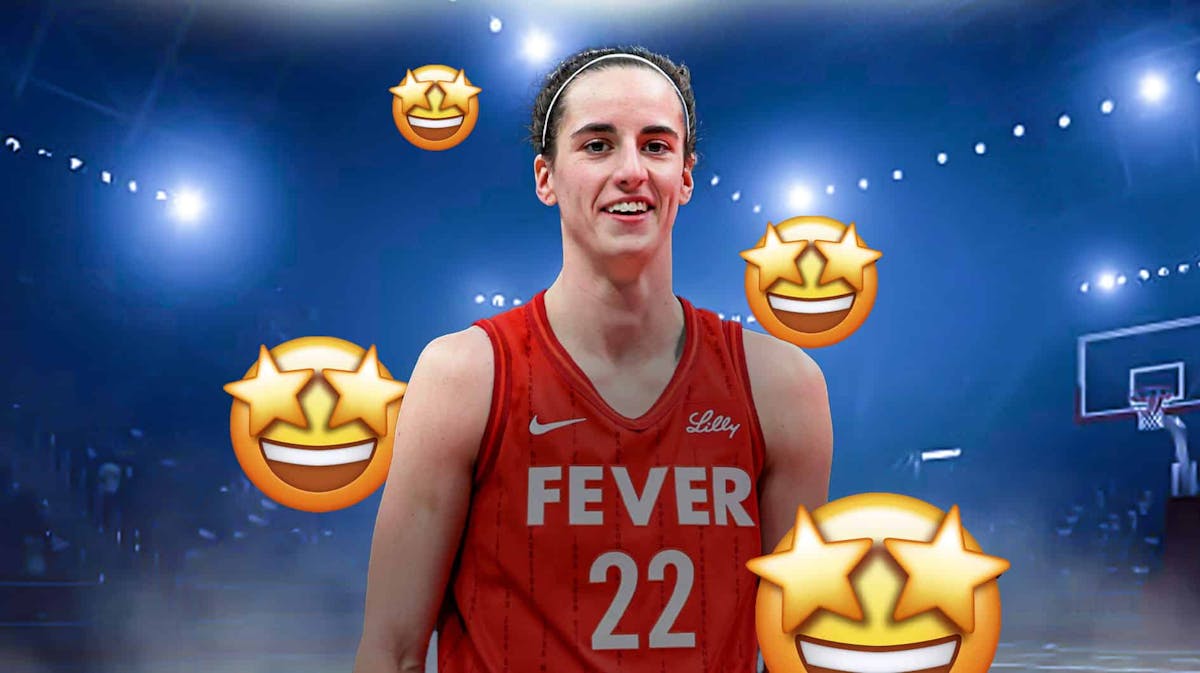 Fever's Caitlin Clark smiling, with starry-eyed emojis all over her