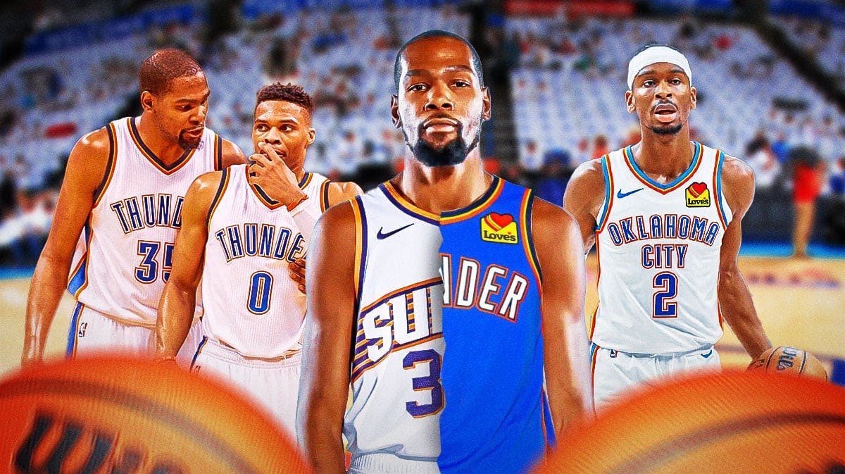 Kevin Durant (current) in the middle wearing a half Suns/Thunder uniform, with a pic of Durant and Russell Westbrook together in OKC jersey (2016) on the left and Shai Gilgeous-Alexander on the right