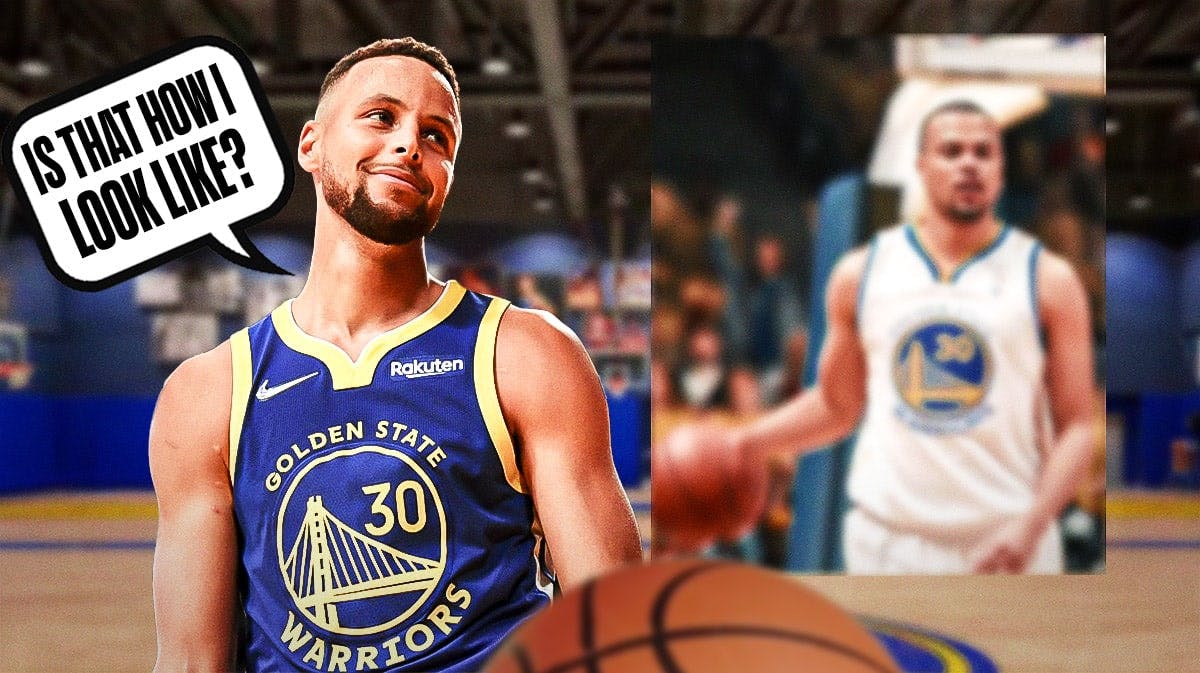Warriors' Stephen Curry smiling, with speech bubble: "IS THAT HOW I LOOK LIKE?" with his version from "Clipped" blurred out